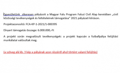 Sikeres pályázat a Magyar Falu Program Falusi Civil Alap keretében „civil közösségi tevékenységek és feltételeinek támogatása” 2021 pályázati kiíráson.